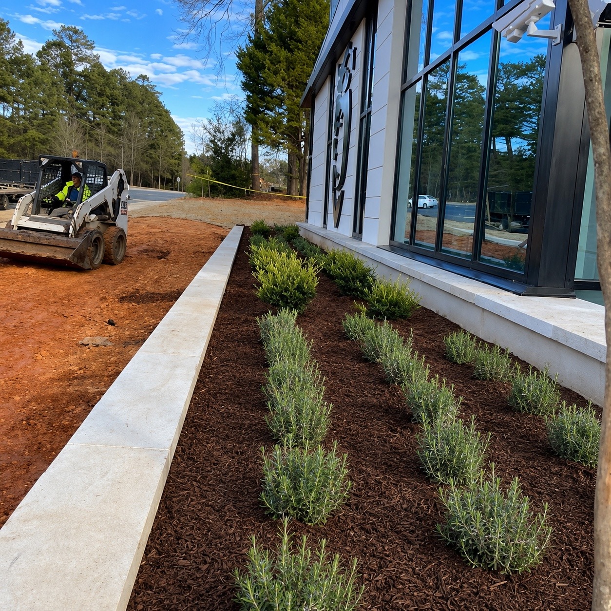 Commercial landscape installation completed along a building frontage with coordinated shrub groupings and fresh mulch.
