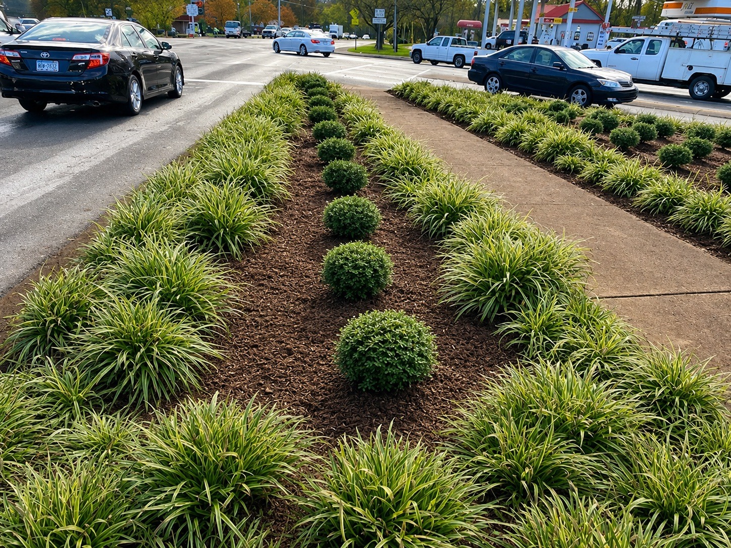 Roadway median landscaping installed with structured rows of ornamental grasses and clipped shrubs.