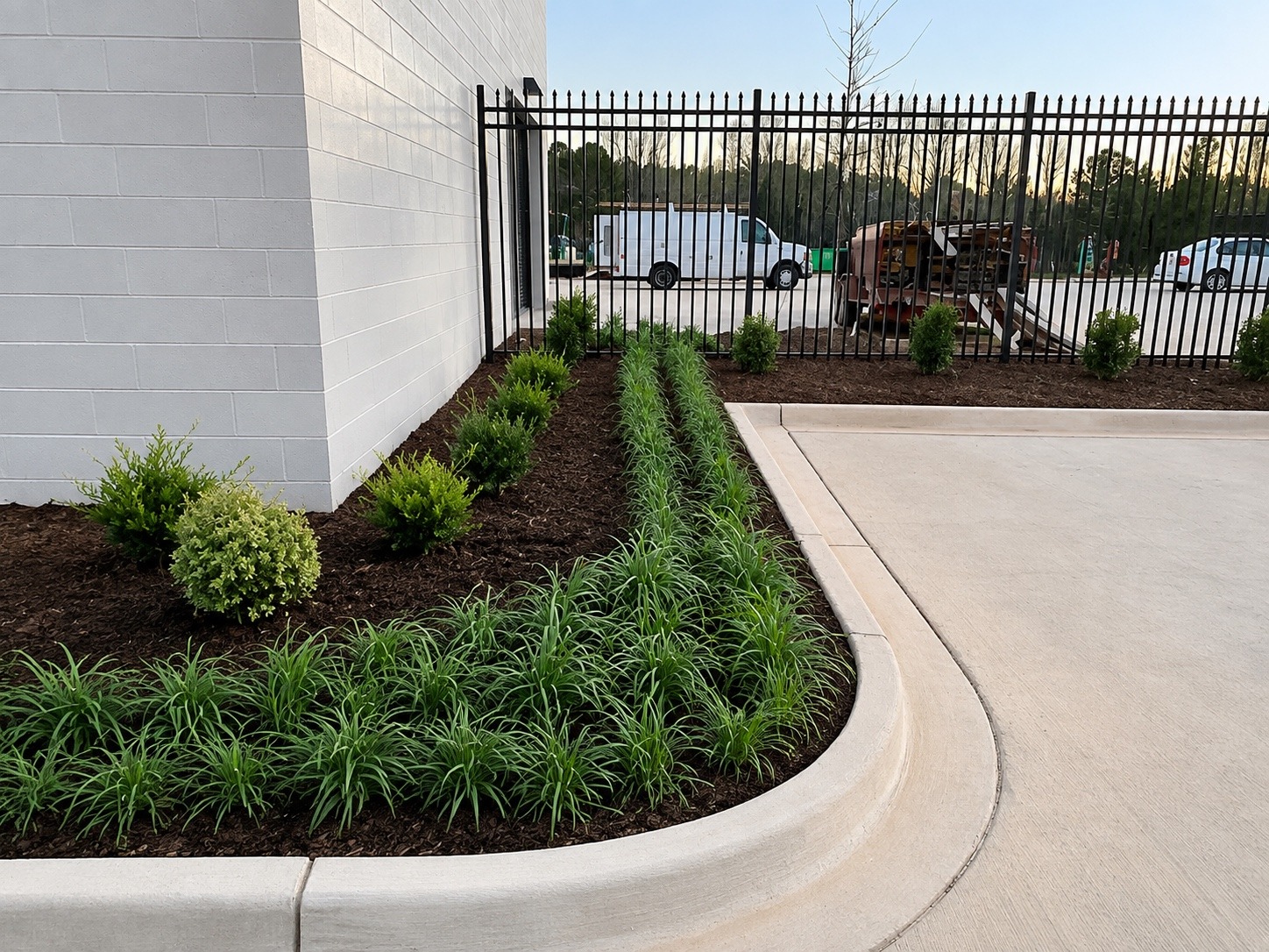 Shrub installation underway with layout pots positioned for proper spacing before final planting.