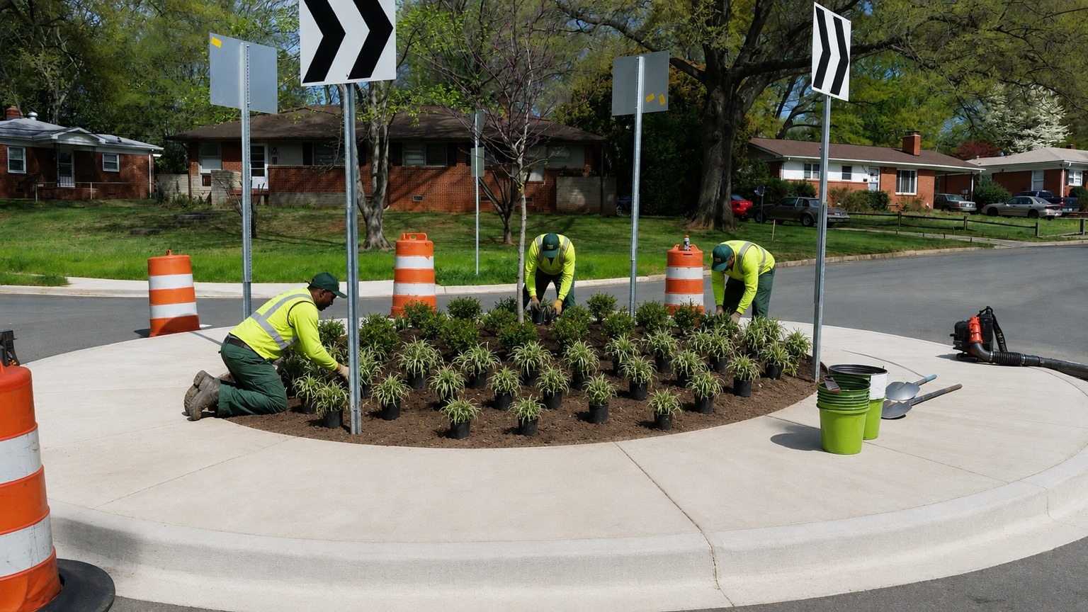 Roundtree crew installing plants in a commercial streetscape planting bed
