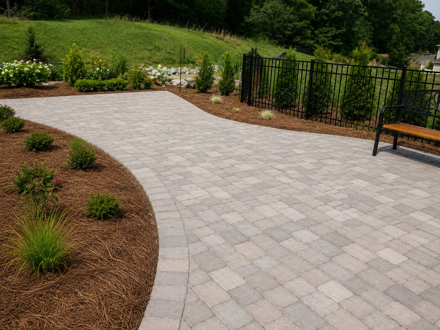 Curved paver walkway and patio area bordered by planting beds and a bench.