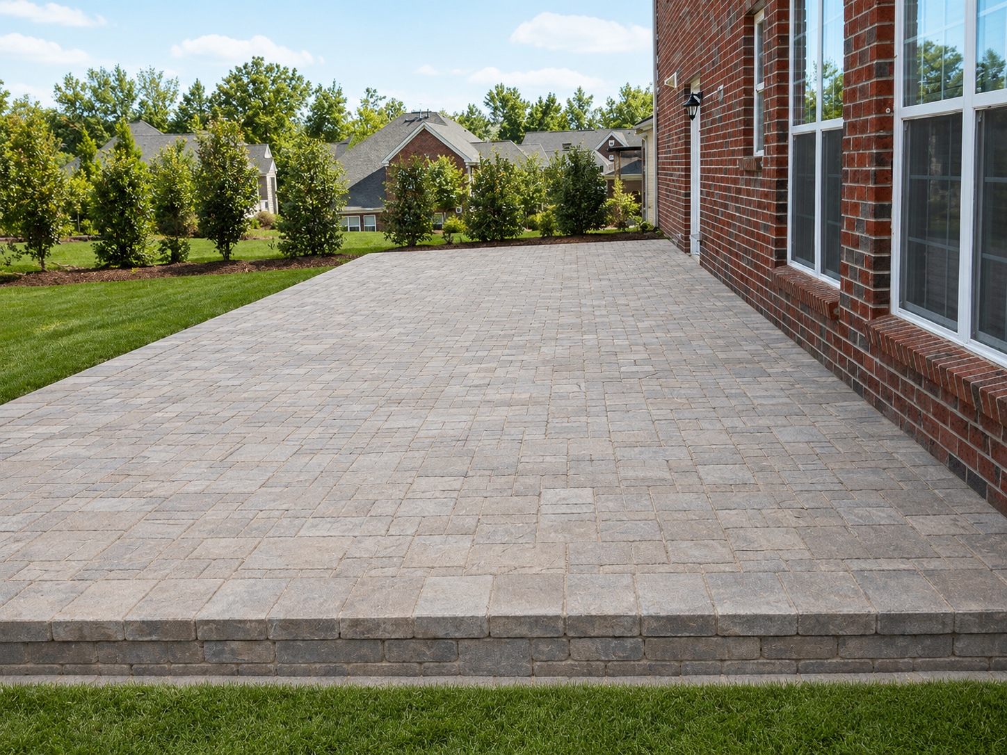 Large rectangular paver patio installed along the rear elevation of a brick home.