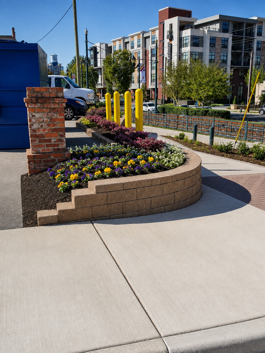 Raised planter wall in an urban setting with seasonal flowers and integrated hardscape edges.