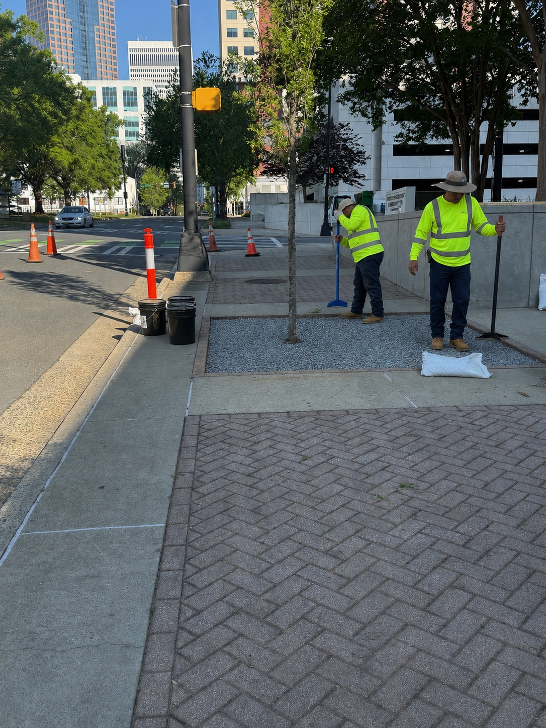 Landscape crew completing clean stone placement around an urban tree pit.