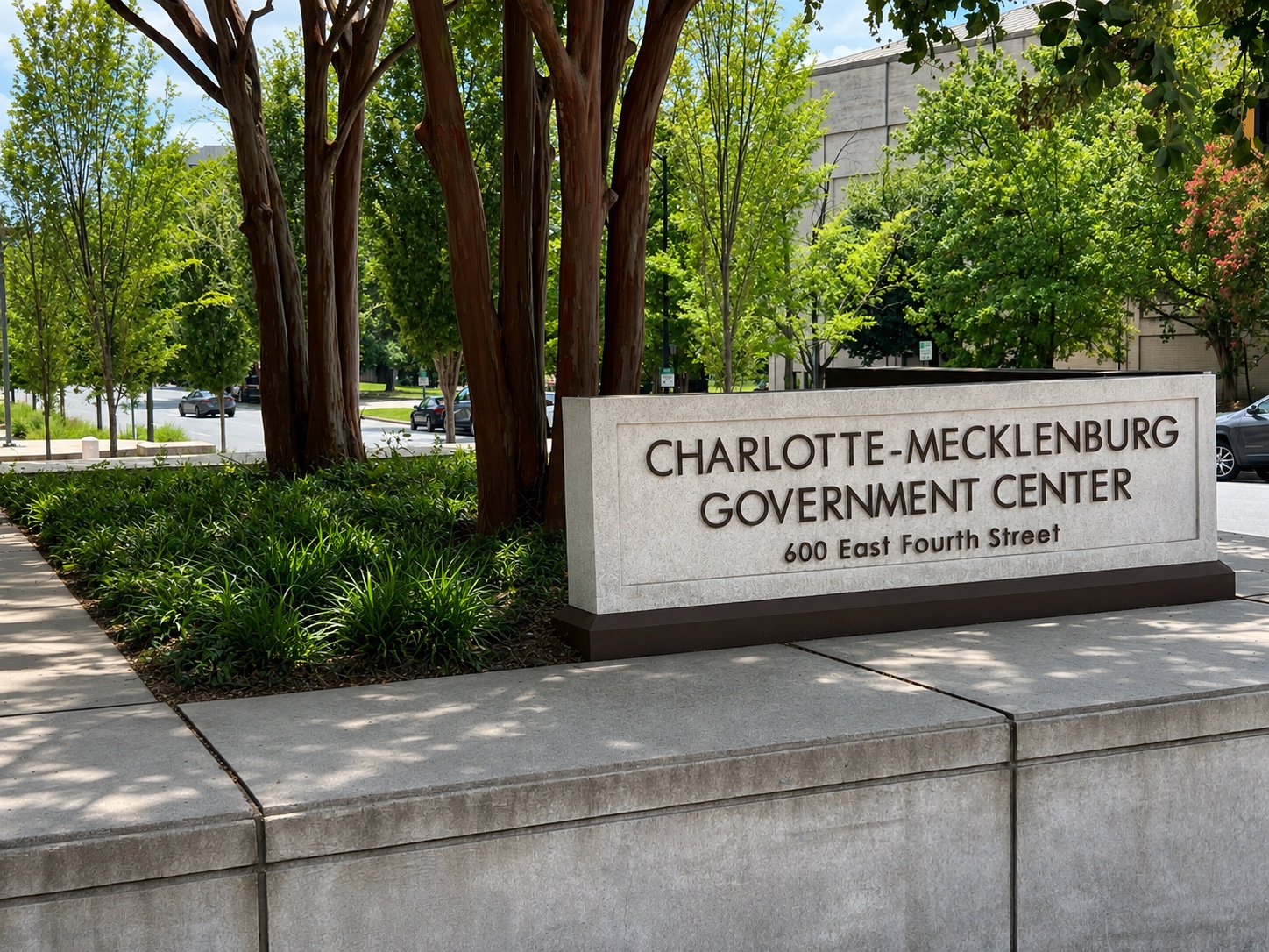Charlotte Mecklenburg Government Center sign with finished civic landscape planting.