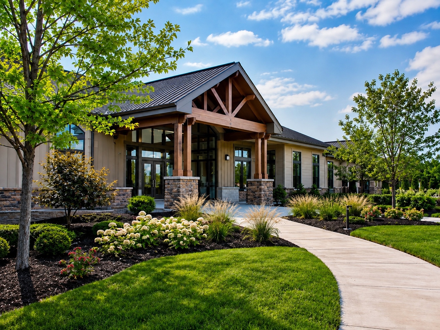 Completed commercial landscape installation at a finished project entrance.