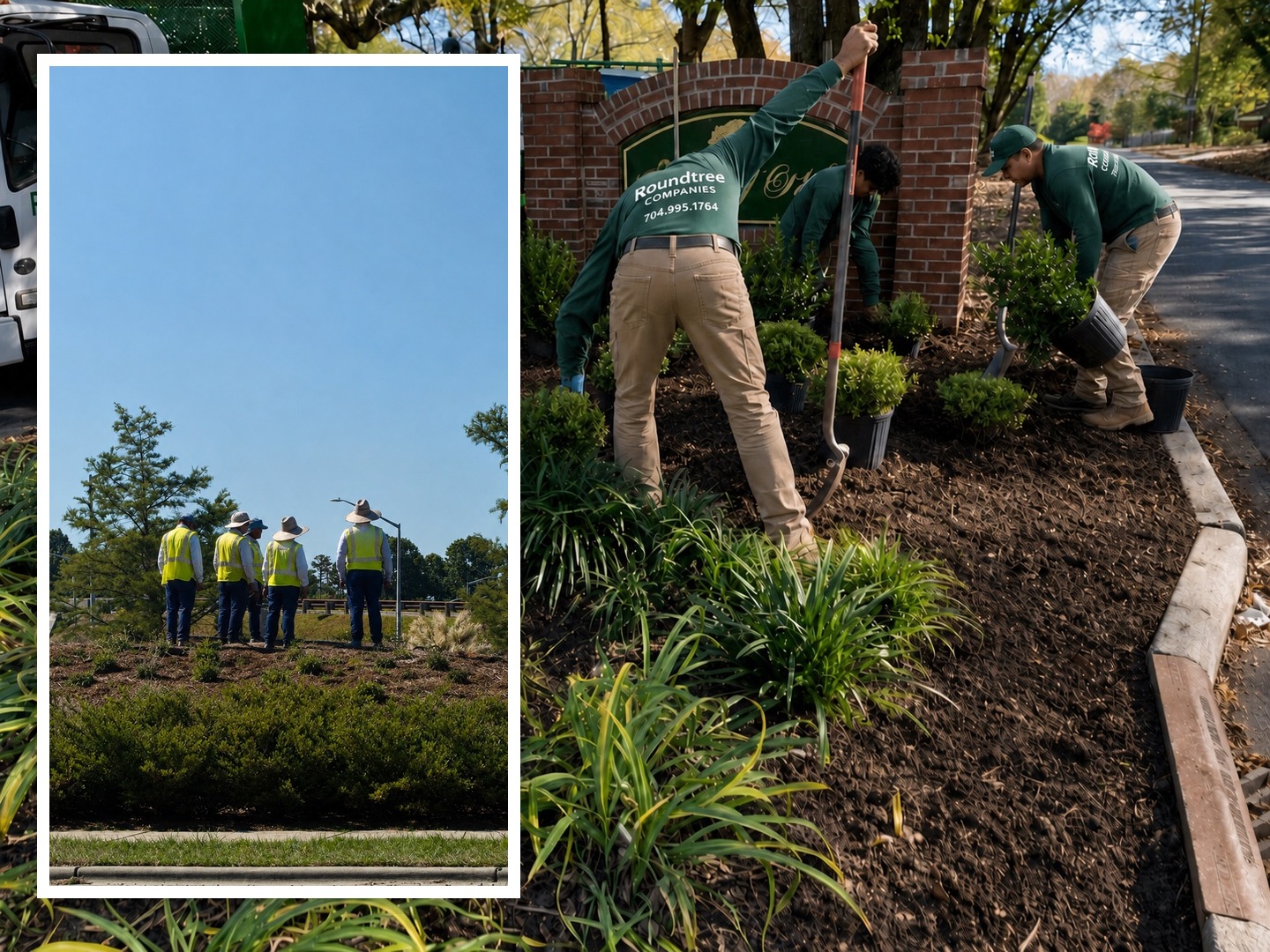 Roundtree field capacity collage showing crew coordination and a completed commercial landscape installation
