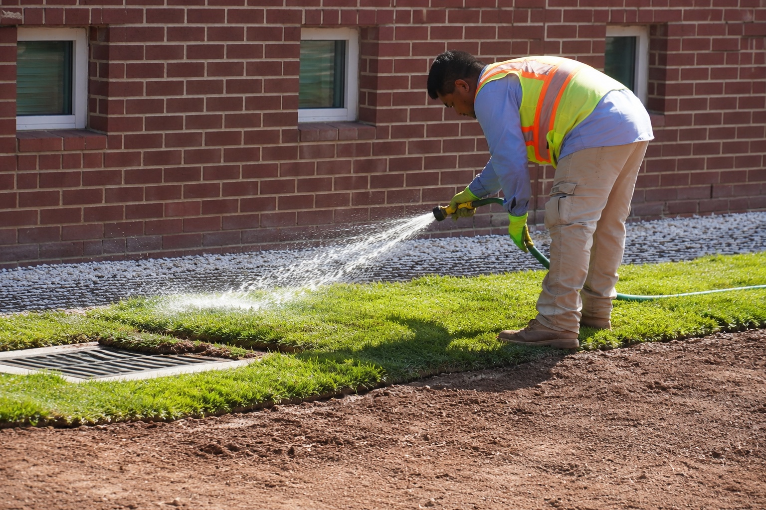 Roundtree crew watering newly placed sod beside the library building during turf establishment.