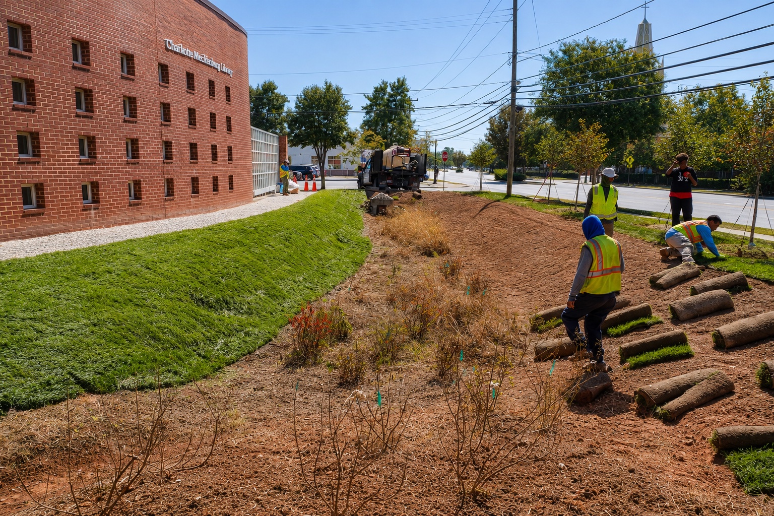 Roundtree crew installing sod along the landscaped grade beside Allegra Westbrooks Regional Library.