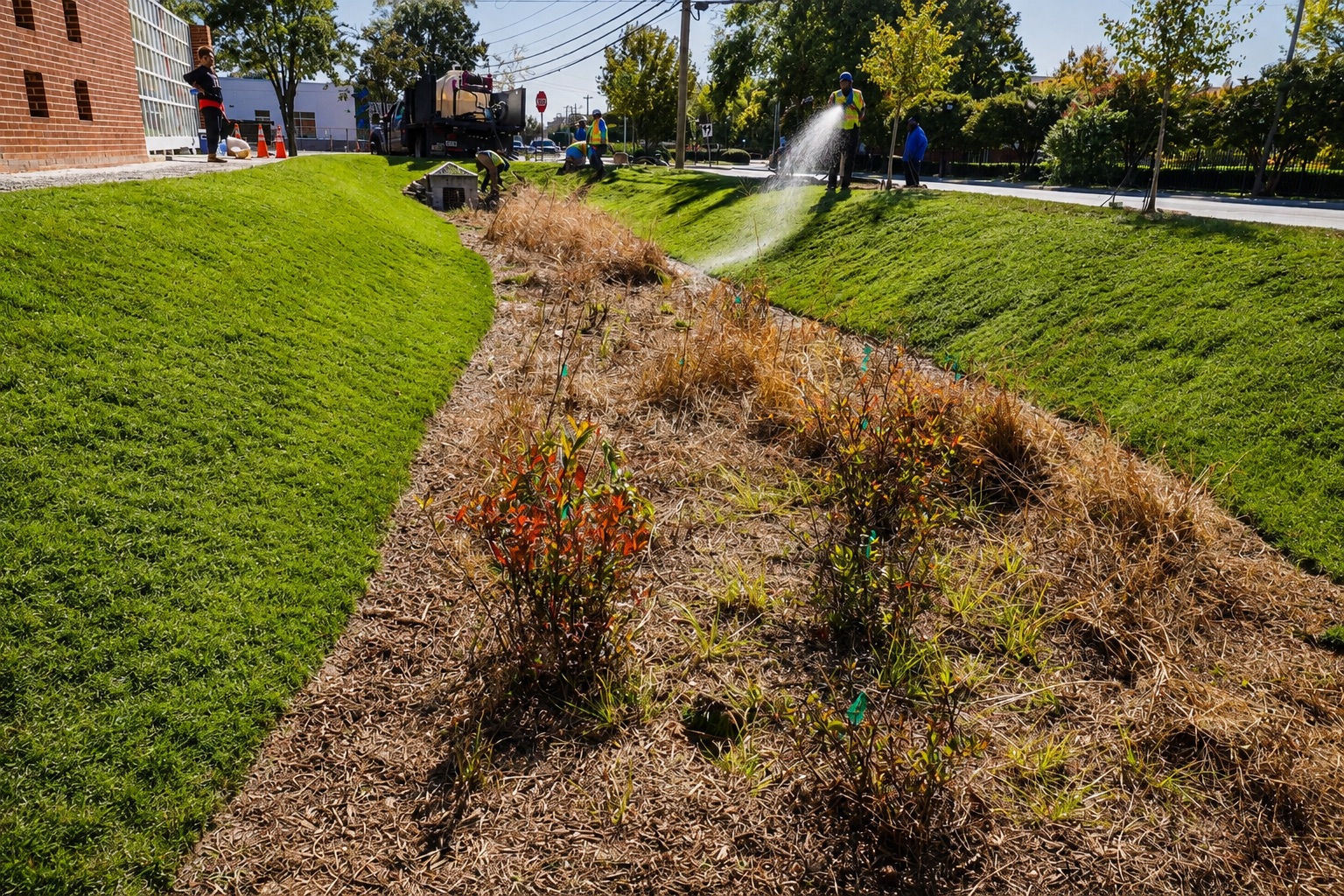 Roundtree crew watering newly established sod along the library landscape swale.