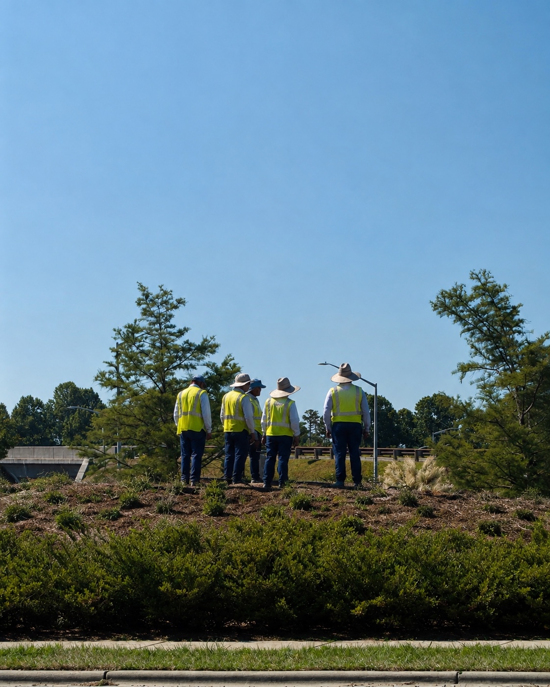 Roundtree field crew coordinating work on a planted roadside slope