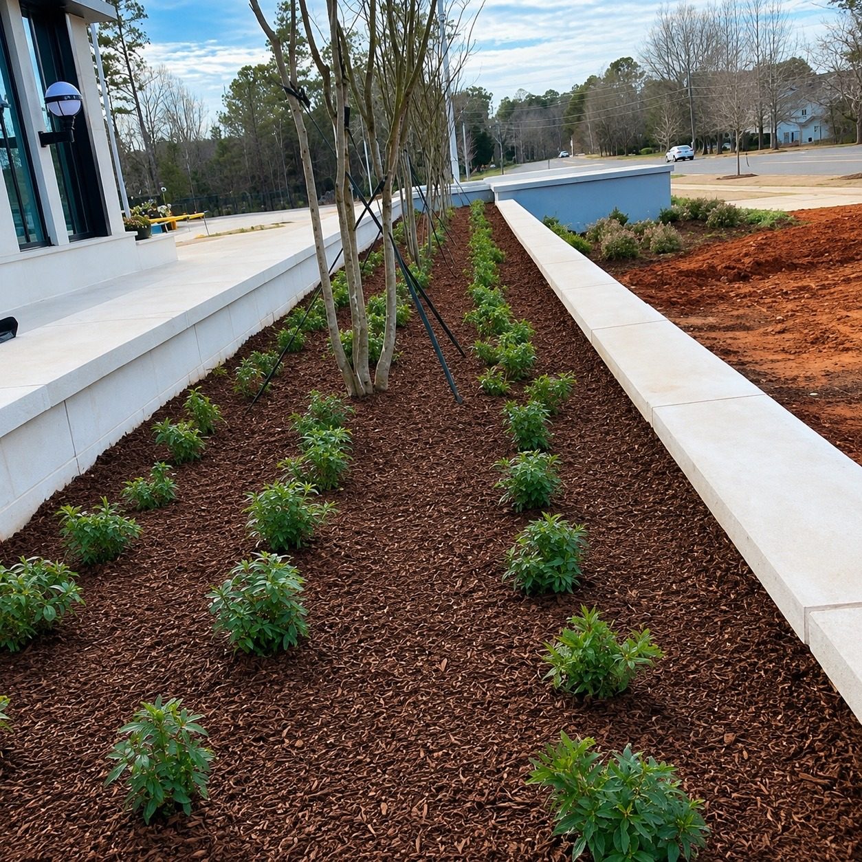 Commercial foundation planting with coordinated shrubs and fresh mulch.