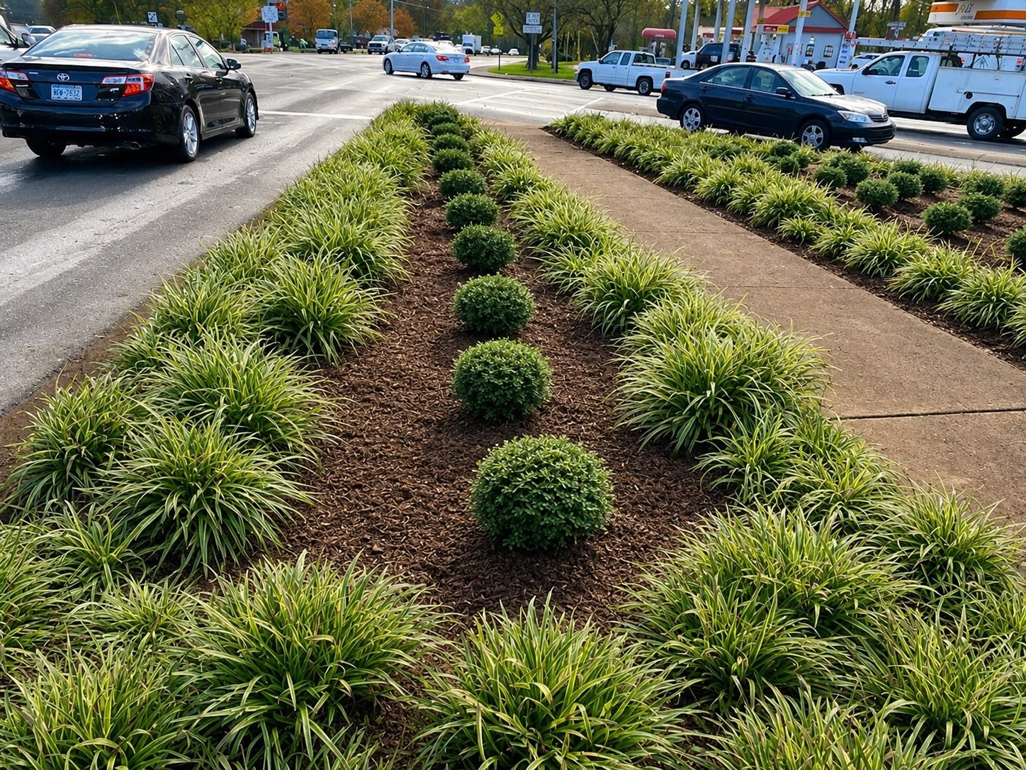 Roadway median landscaping installed with structured rows of ornamental grasses and clipped shrubs.