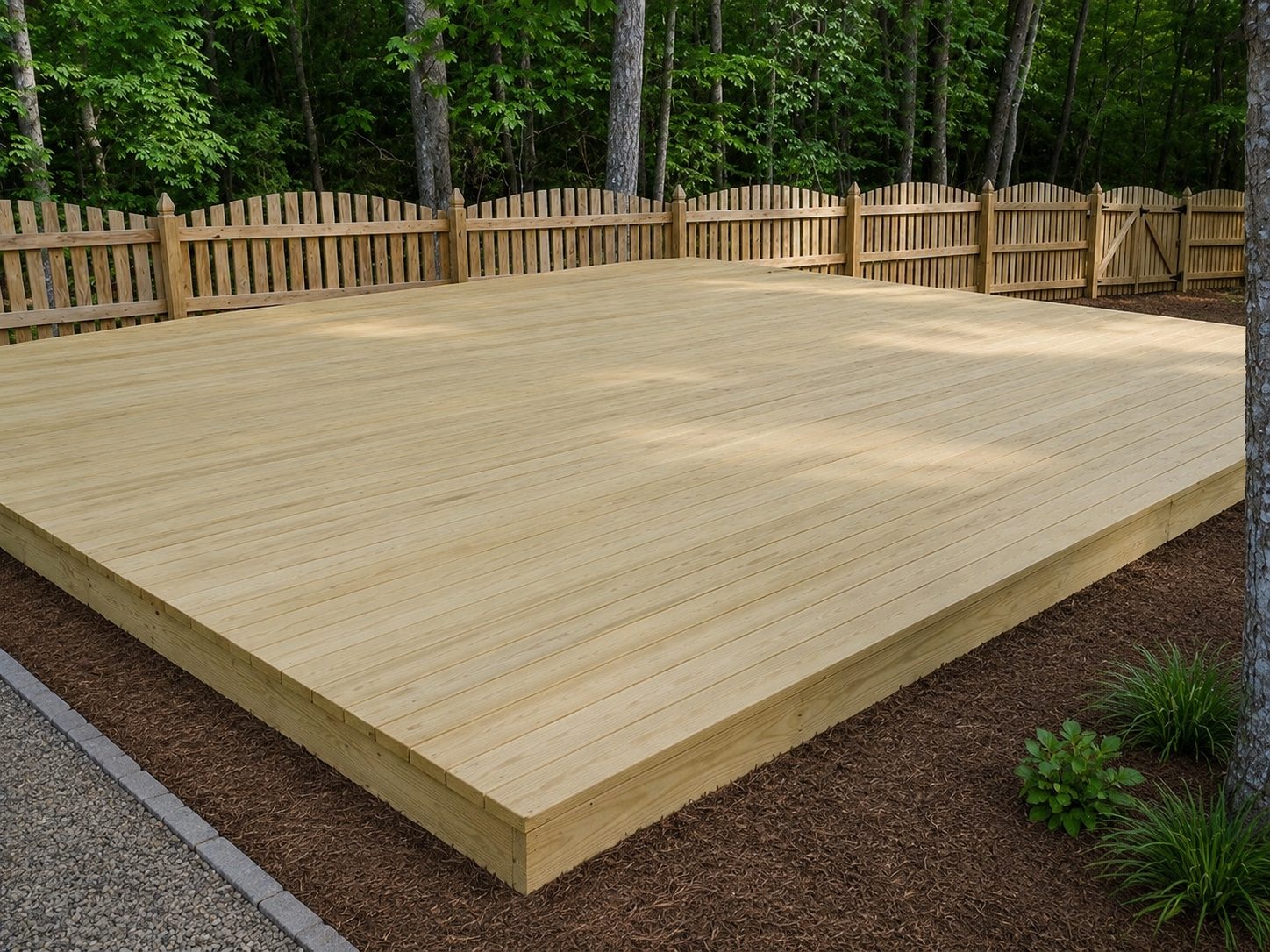 Large custom wood deck installed in a fenced backyard.