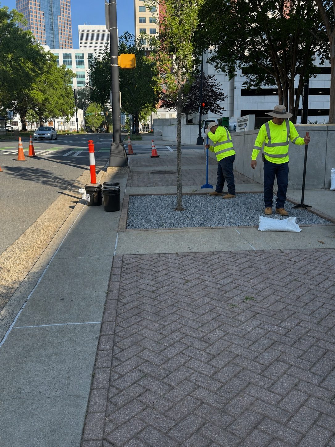 Landscape crew completing clean stone placement around an urban tree pit.