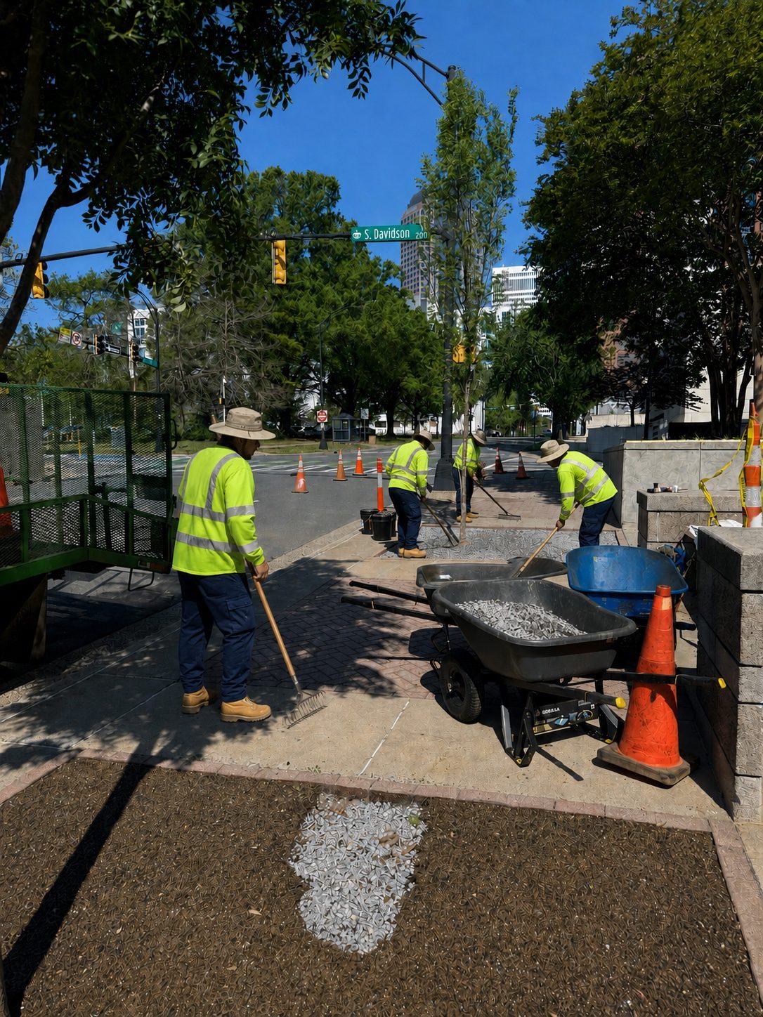 Capital improvement crew installing stone and performing final detailing at the Charlotte Mecklenburg Government Center.