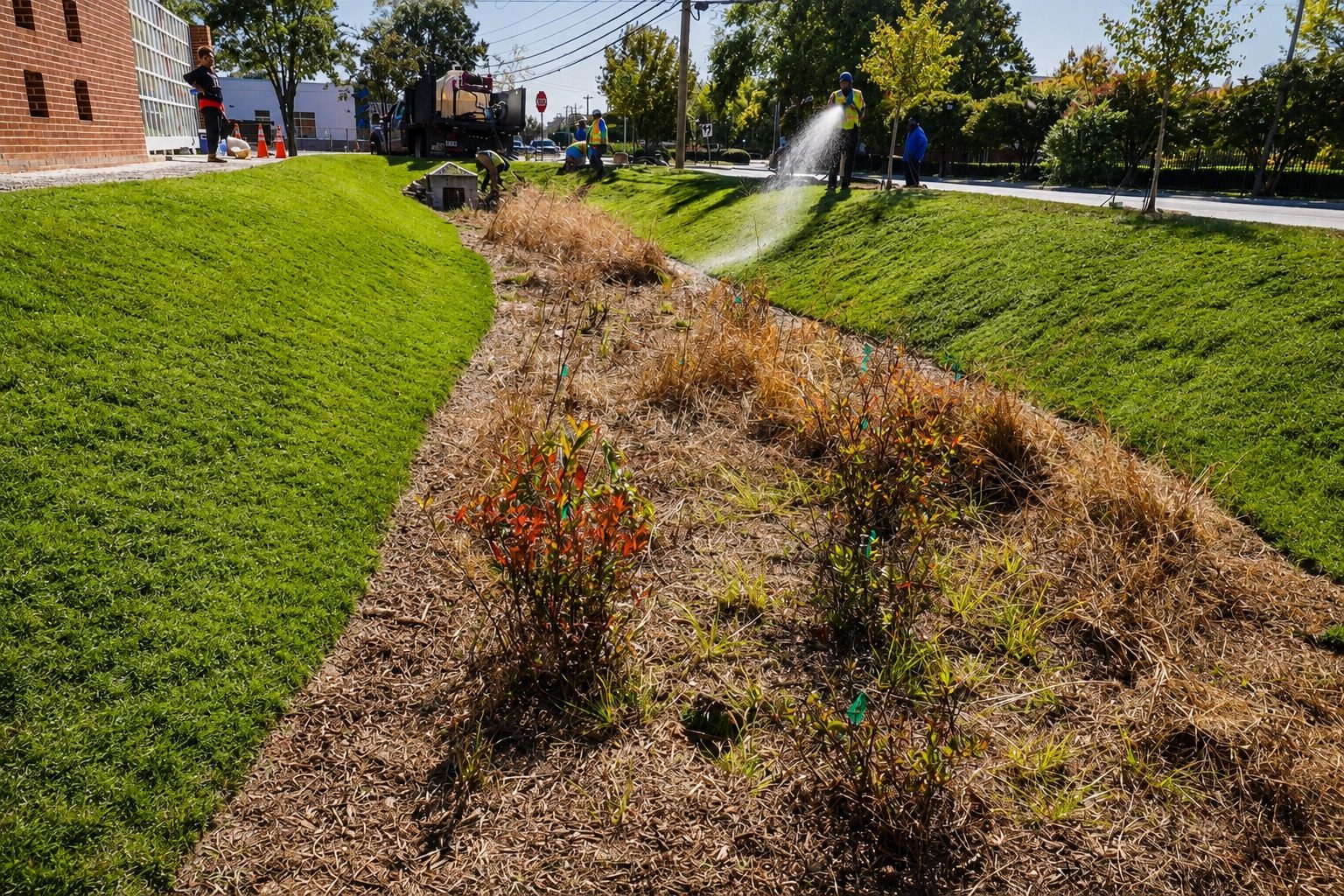 Roundtree crew watering newly established sod along the library landscape swale.